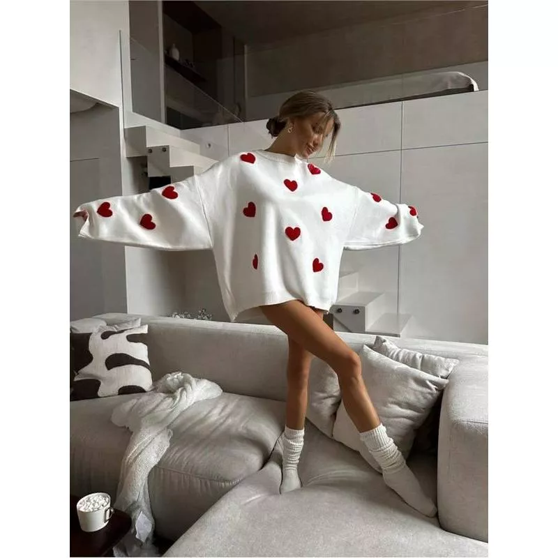 Love Heart O Neck Knit Sweater For Women Embroidery Fashion Long Sleeve Pullover Sweaters Female Oversized High Street Jumper Love Heart O Neck Knit Sweater For Women Embroidery Fashion Long Sleeve Pullover Sweaters Female Oversized High Street Jumper