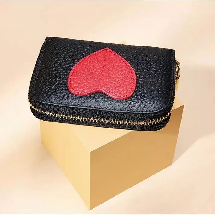 Genuine Leather Mini Wallet with Heart Decoration & Pearl Accent Genuine Leather Mini Wallet with Heart Decoration & Pearl Accent