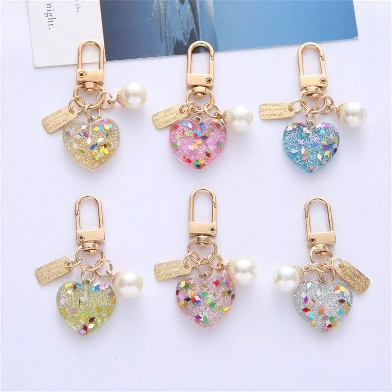 Bling Acrylic Heart Keychain With Colorful Sequin Sweet Pearl Metal Tag Keyring For Women Girls Earphone Purse Decoration Bling Acrylic Heart Keychain With Colorful Sequin Sweet Pearl Metal Tag Keyring For Women Girls Earphone Purse Decoration